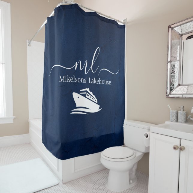 Nautical navy blue boat monogram shower curtain (In Situ)