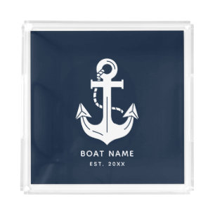 Nautical Navy Blue Boat Name Anchor Acrylic Tray