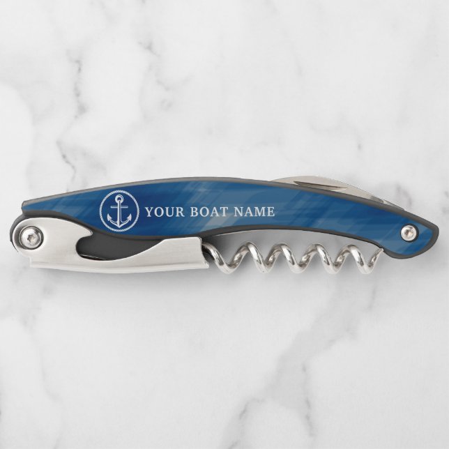 Nautical Navy Blue Boat Name Anchor and Rope Waiter's Corkscrew (Front)
