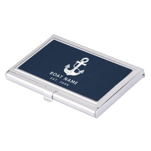 Nautical Navy Blue Boat Name Anchor Business Card Case
