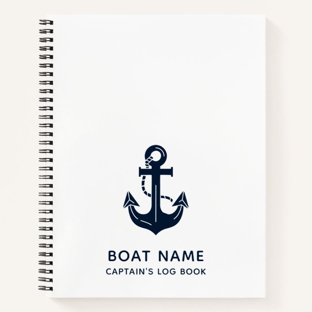 Nautical Navy Blue Boat Name Anchor Notebook (Front)