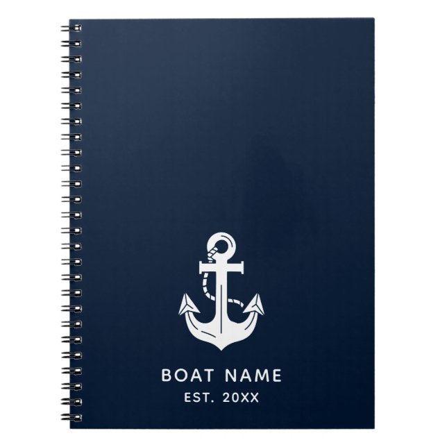 Nautical Navy Blue Boat Name Anchor Notebook (Front)