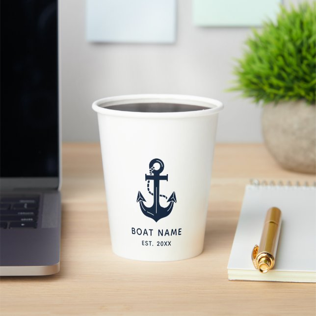 Nautical Navy Blue Boat Name Anchor Paper Cups (Insitu)
