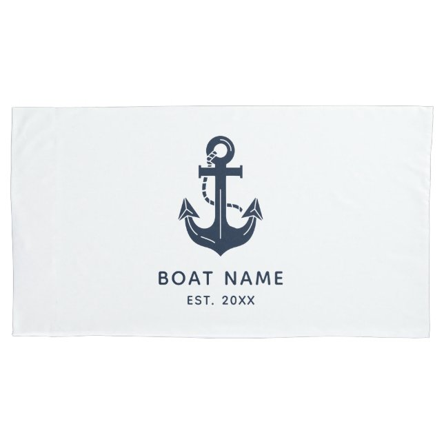 Nautical Navy Blue Boat Name Anchor Pillow Case (Front)
