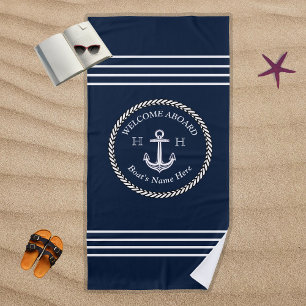 Nautical Navy Blue Boat Name Anchor Rope Beach Towel