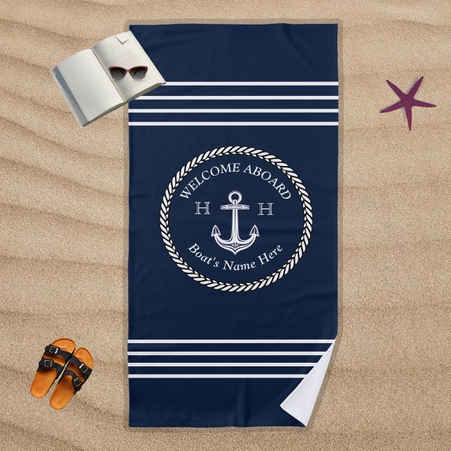 Nautical Navy Blue Boat Name Anchor Rope  Beach Towel (Creator Uploaded)