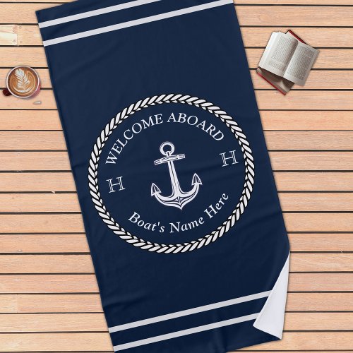 Nautical Navy Blue Boat Name Anchor Rope Beach Towel