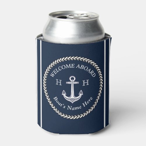 Nautical Navy Blue Boat Name Anchor Rope   Can Cooler