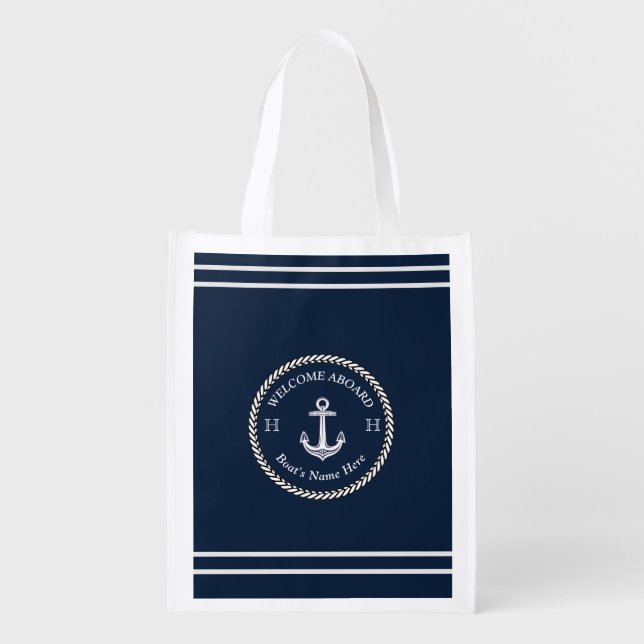 Nautical Navy Blue Boat Name Anchor Rope Grocery Bag (Front)