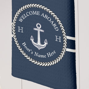Nautical Navy Blue Boat Name Anchor Rope Kitchen Towel