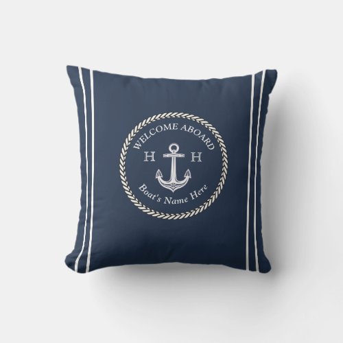 Nautical Navy Blue Boat Name Anchor Rope  Outdoor Pillow