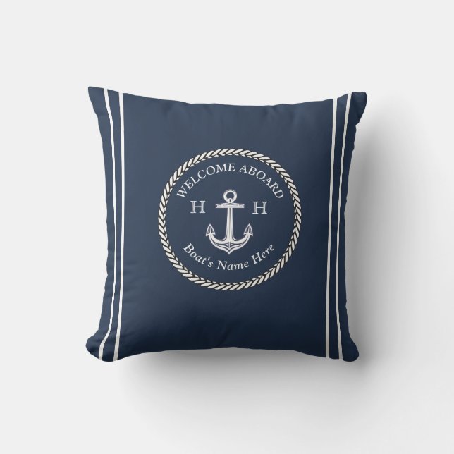 Nautical Navy Blue Boat Name Anchor Rope  Outdoor Pillow (Front)