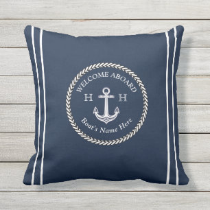Nautical Navy Blue Boat Name Anchor Rope  Outdoor Pillow