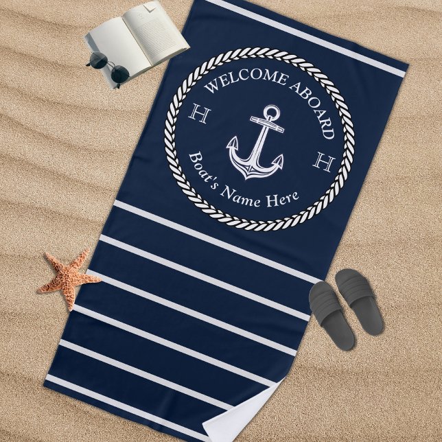 Nautical Navy Blue Boat Name Anchor Rope Striped B Beach Towel (Creator Uploaded)