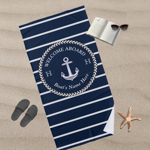 Nautical Navy Blue Boat Name Anchor Rope Striped Beach Towel