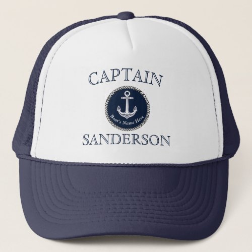 Nautical Navy Blue Boat Name Anchor Rope Trucker H Trucker Hat