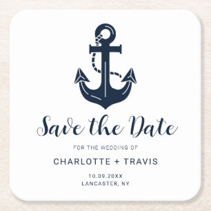 Nautical Navy Blue Boat Name Anchor Save the Date Square Paper Coaster
