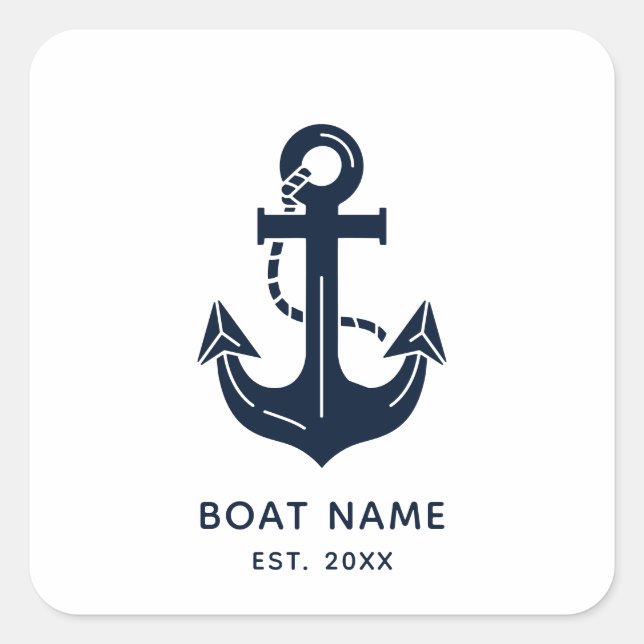 Nautical Navy Blue Boat Name Anchor Square Sticker (Front)