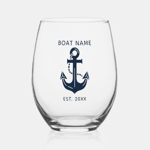 Nautical Navy Blue Boat Name Anchor Stemless Wine Glass