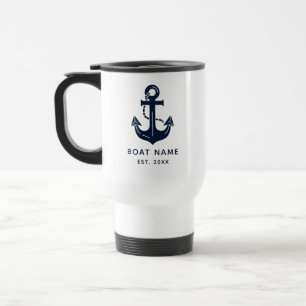 Nautical Navy Blue Boat Name Anchor Travel Mug