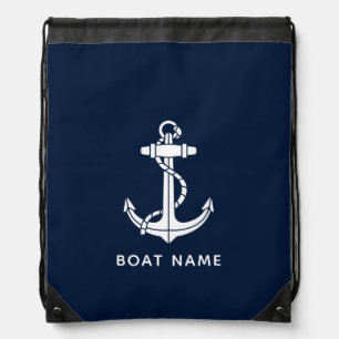 Nautical Navy Blue Boat Name Custom Cruise Drawstring Bag