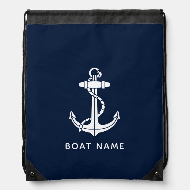 Nautical Navy Blue Boat Name Custom Cruise Drawstring Bag (Front)