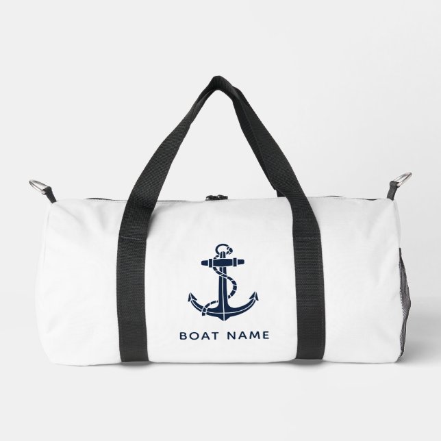 Nautical Navy Blue Boat Name Custom Cruise Duffle Bag (Front)