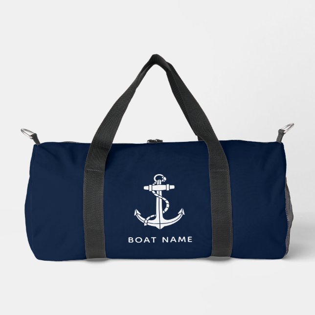 Nautical Navy Blue Boat Name Custom Cruise Duffle Bag (Front)