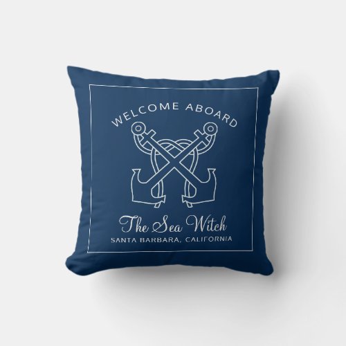 Nautical Navy Blue Boat Name Throw Pillow