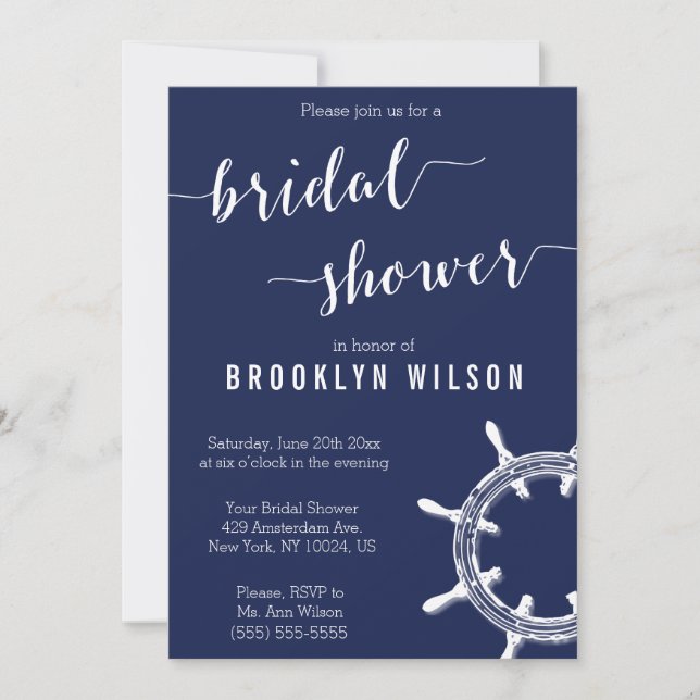 Nautical Navy Blue Bridal Shower Invitations Wheel (Front)