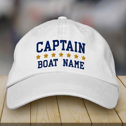 Nautical Navy Blue Captain Your Boat Name White Embroidered Baseball Cap