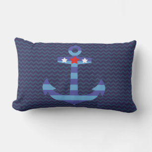 Nautical Navy Blue Chevron Blue Anchor Lumbar Pillow