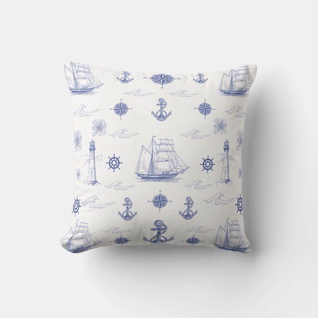 Nautical Navy Blue Coastal Beach Ships Throw Pillow (Front)