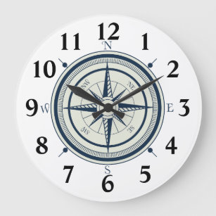 Nautical Navy Blue Compass Large Clock