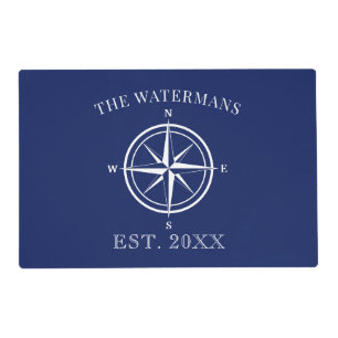 Nautical Navy Blue Compass Rose Family Name Placemat