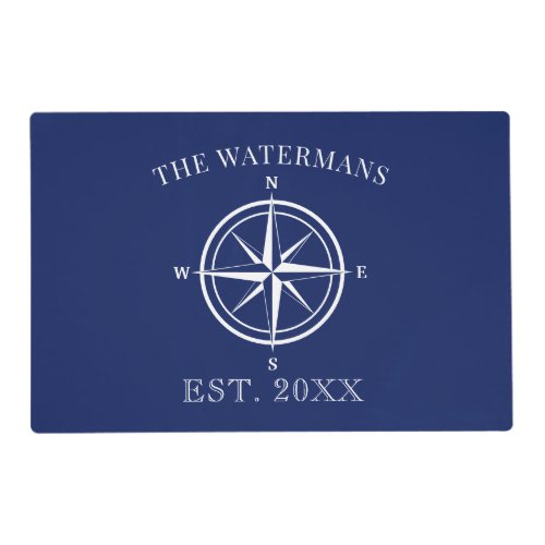 Nautical Navy Blue Compass Rose Family Name Placemat