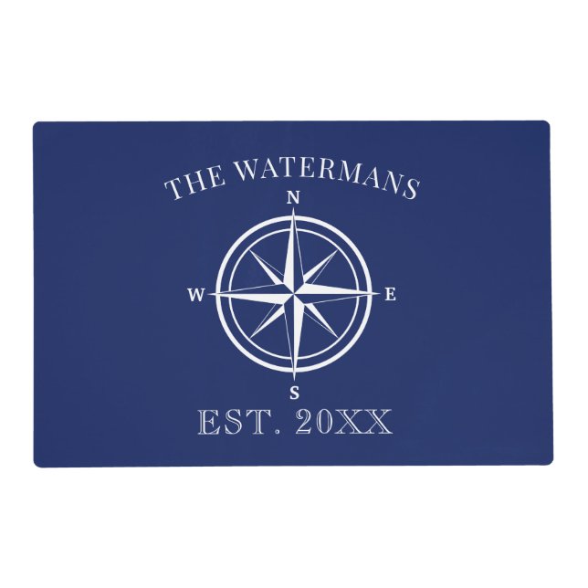 Nautical Navy Blue Compass Rose Family Name Placemat (Front)