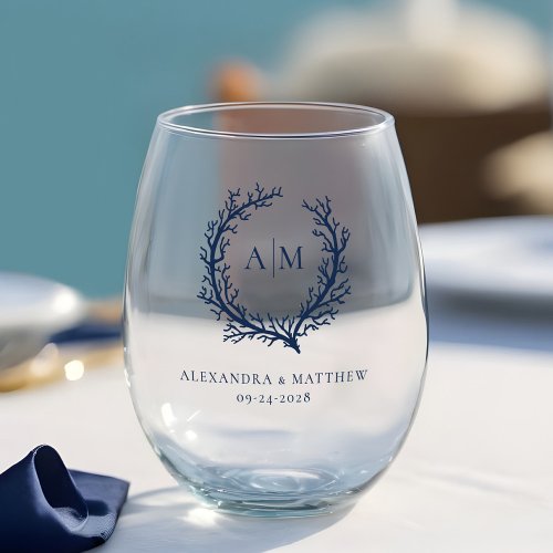 Nautical Navy Blue Coral Reef Monogram Wedding Stemless Wine Glass