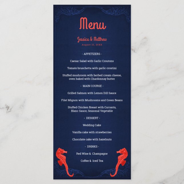 Nautical Navy Blue Coral Seahorses Beach Wedding Menu (Front)