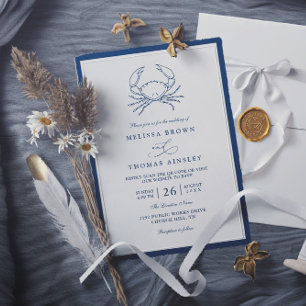 Nautical Navy Blue Crab Beach QR Code Wedding Invitation