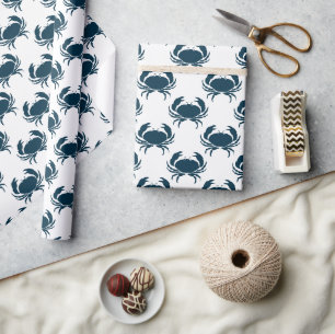 Nautical Navy Blue Crab Pattern Wrapping Paper