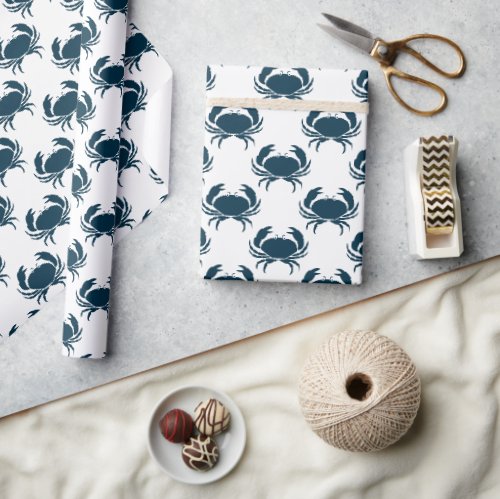 Nautical Navy Blue Crab Pattern Wrapping Paper