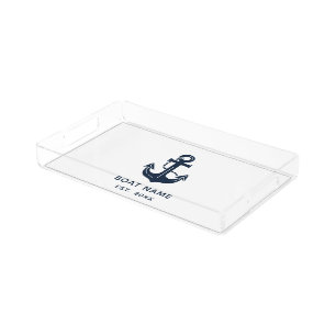 Nautical Navy Blue Custom Boat Name Acrylic Tray