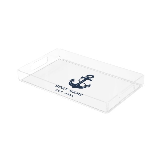 Nautical Navy Blue Custom Boat Name Acrylic Tray (Angled)