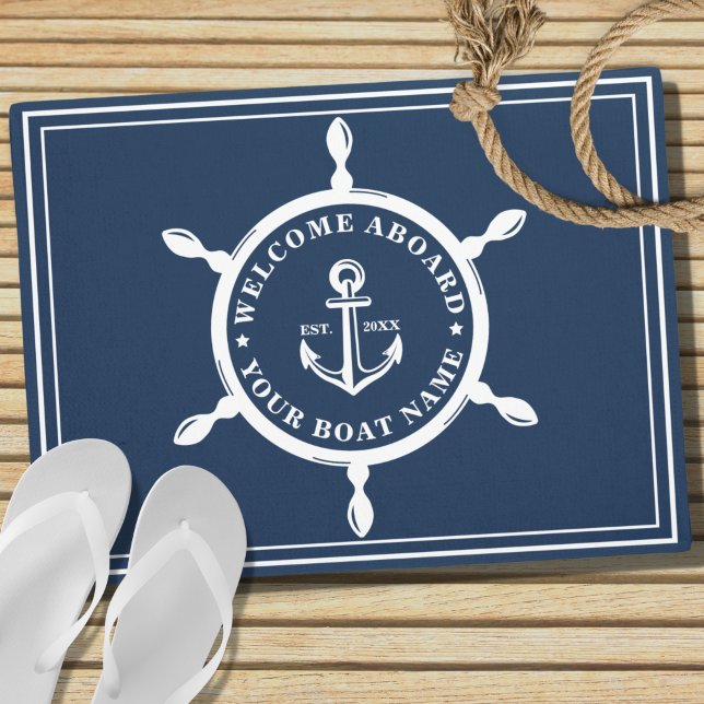 Nautical Navy Blue Custom Boat Name Anchor  Doormat (Creator Uploaded)