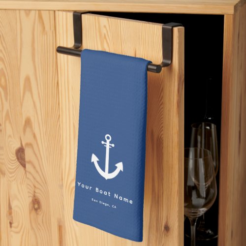 Nautical Navy Blue Custom Boat Name Anchor Kitchen Towel