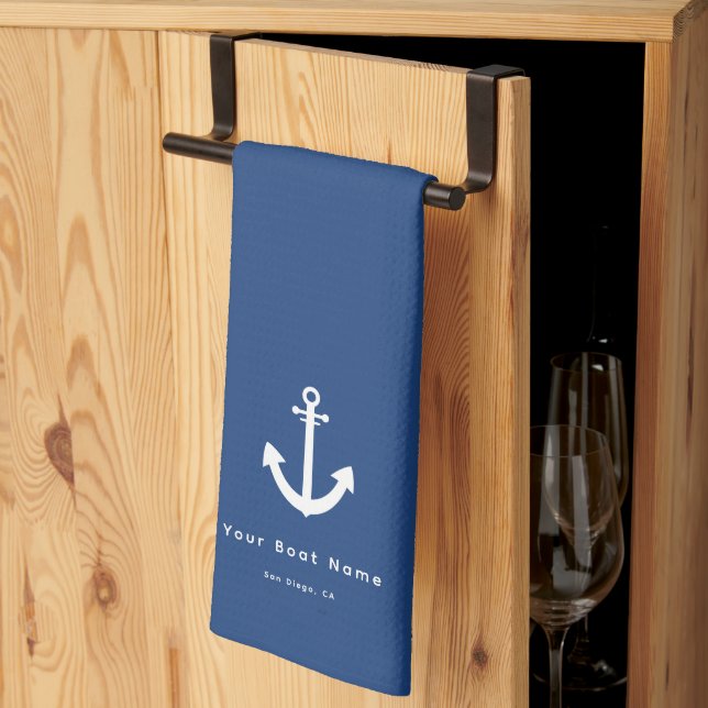 Nautical Navy Blue Custom Boat Name Anchor Kitchen Towel (Thirds Fold)