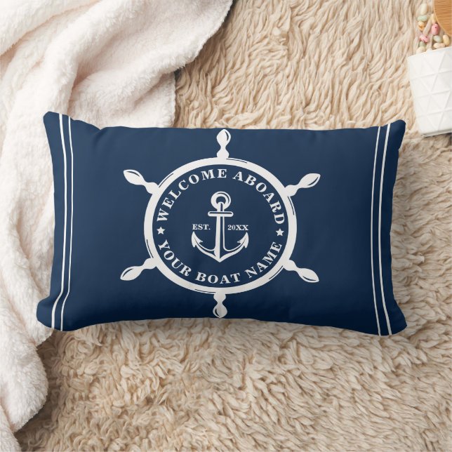 Nautical Navy Blue Custom Boat Name Anchor Lumbar Pillow (Blanket)