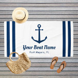 Nautical Navy Blue Custom Boat Name Beach Towel<br><div class="desc">Nautical beach towel in a horizontal format features an elegant boat anchor with preppy horizontal stripes. Personalize the custom text with your boat name and location. Design includes a classic coastal navy blue and white color scheme.</div>