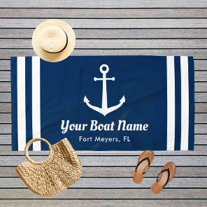 Nautical Navy Blue Custom Boat Name Beach Towel